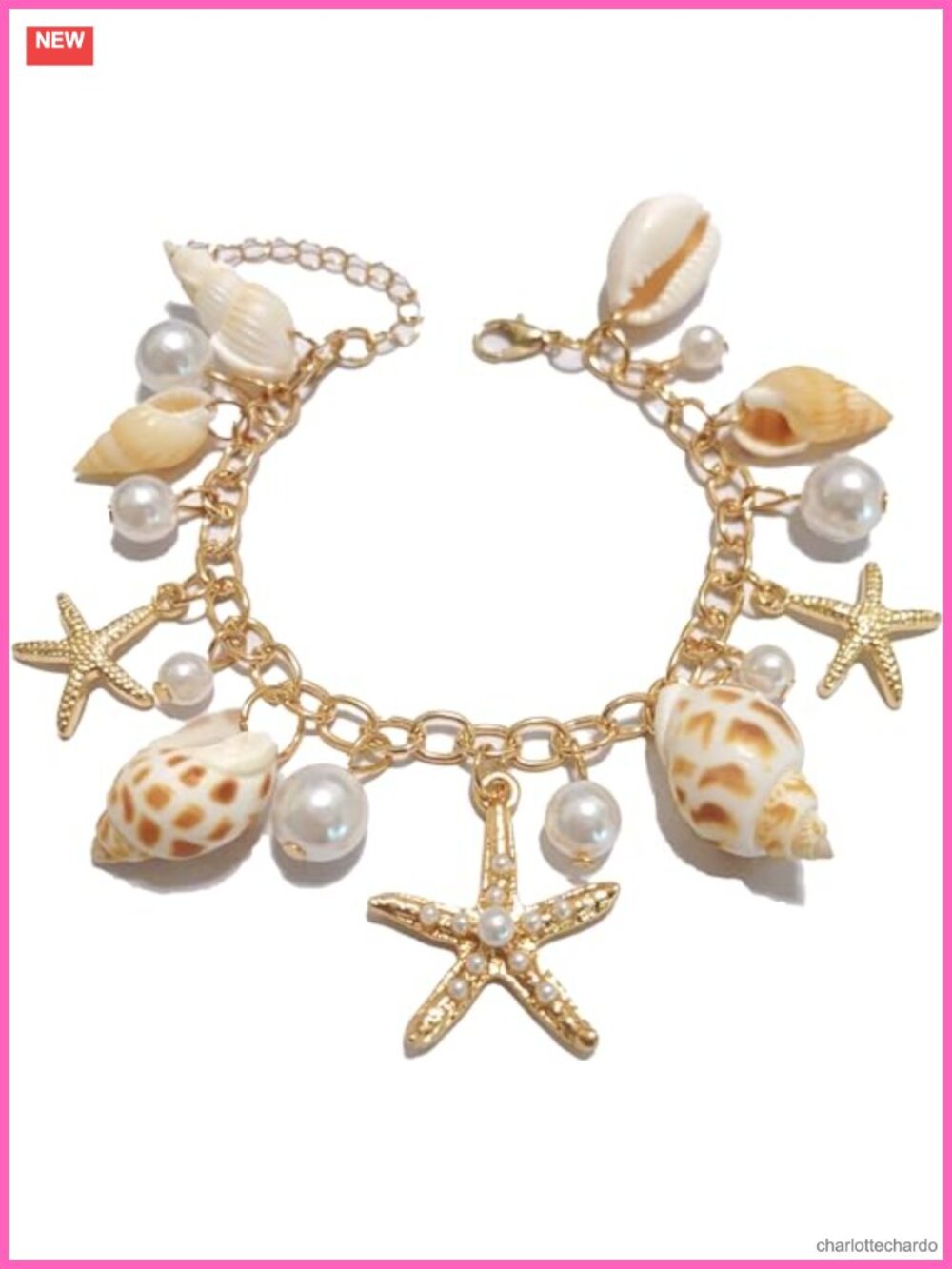 Gold Tone Chain Charm Bracelet with Starfish & Seashell Pendants, Adjustable
